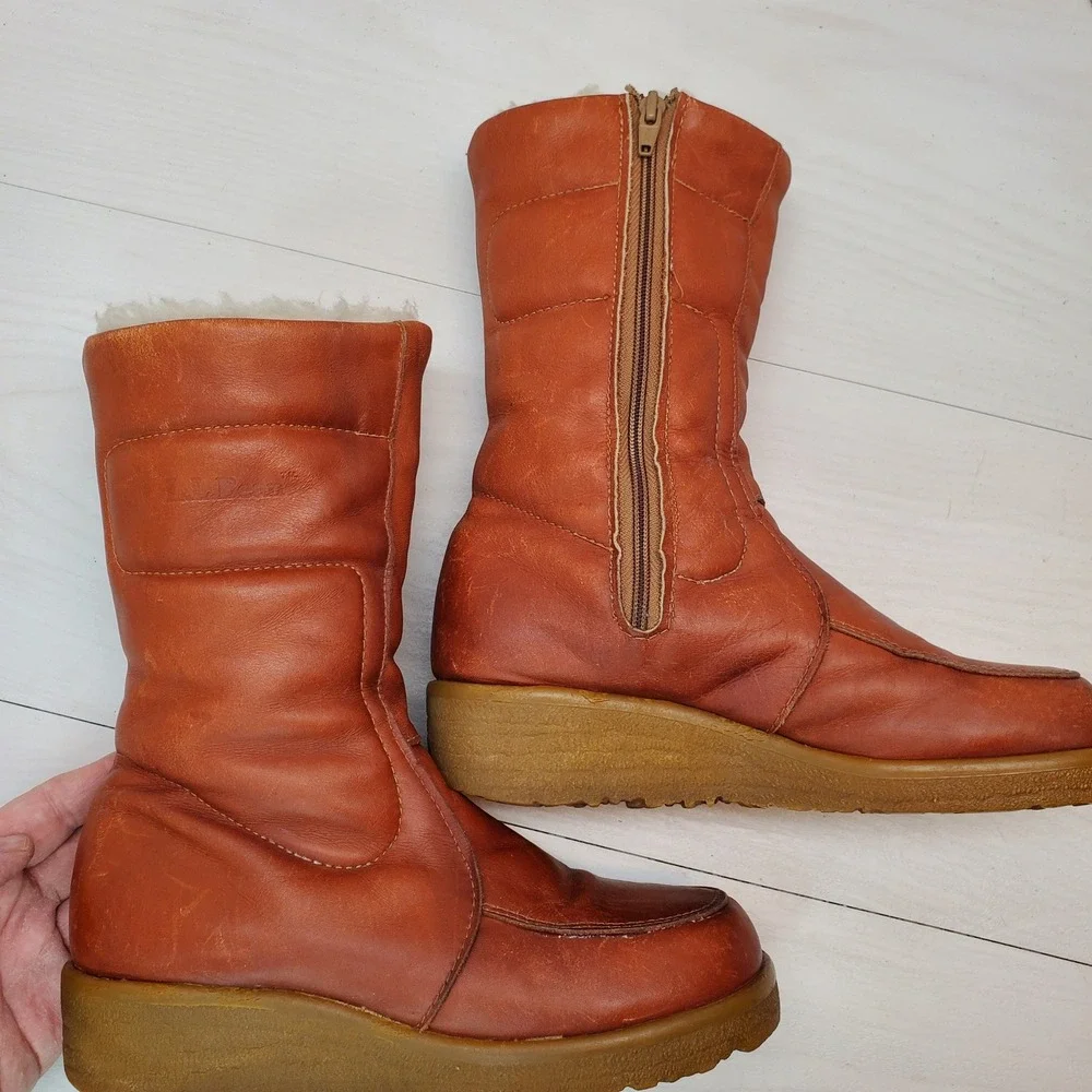 LL Bean Vintage Women 7 Cognac Leather Shearling Lined Winter Boots Canada Made